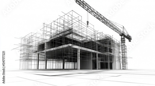Fototapeta Naklejka Na Ścianę i Meble -  Architectural building under construction, crane, blueprint style