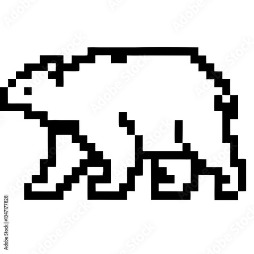 pixelated polar bear walking, a minimalist digital art style. The artwork features a polar bear in a pixel art format