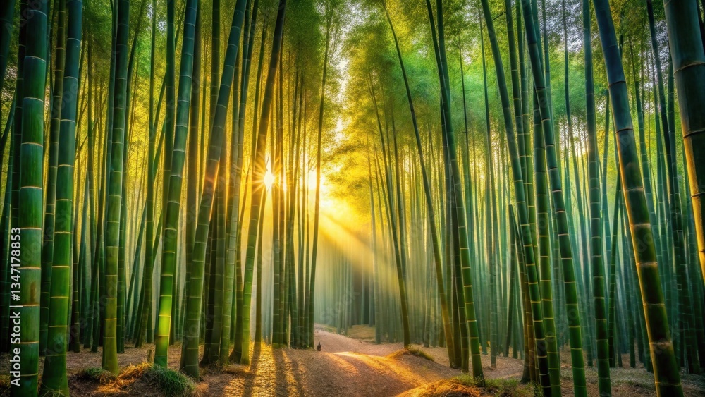Fototapeta premium Golden Sunrise Illuminates a Serene Bamboo Forest Path