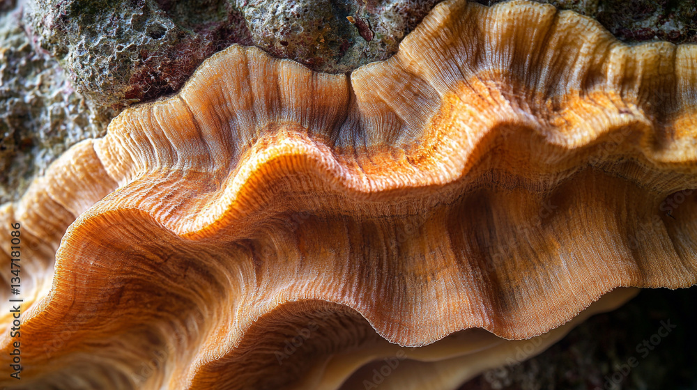 Detailed closeup of a wavy orange fungus on wood wave wild macro brown. Detailed closeup of a wavy orange fungus on wood wave wild macro brown.