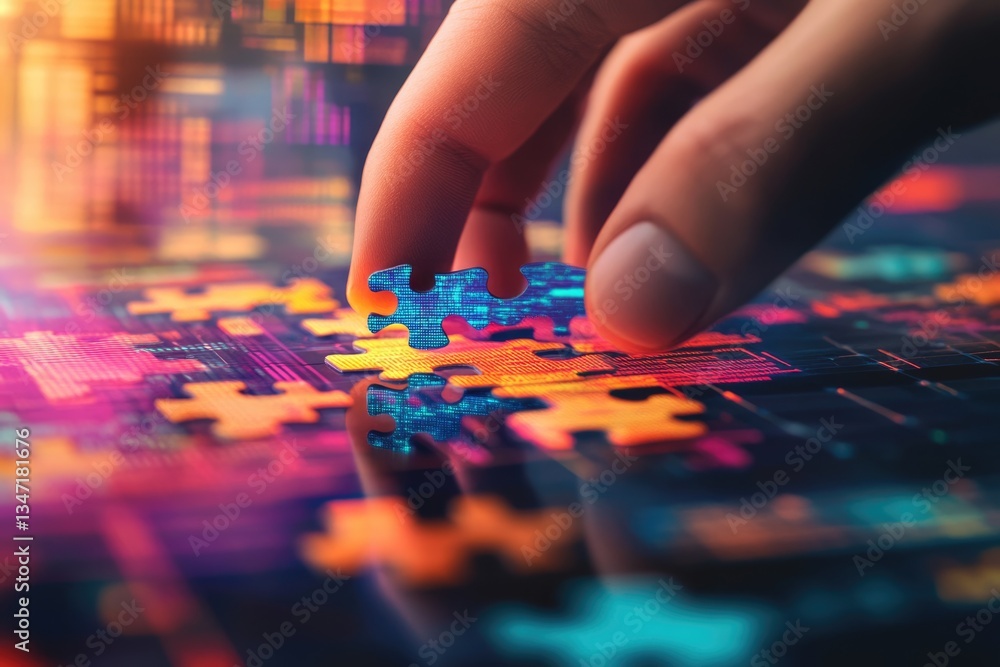 A hand places a glowing puzzle piece with code onto a vibrant digital puzzle, representing problem-solving and technology. A hand places a glowing puzzle piece with code onto a vibrant digital puzzle, representing problem-solving and technology.