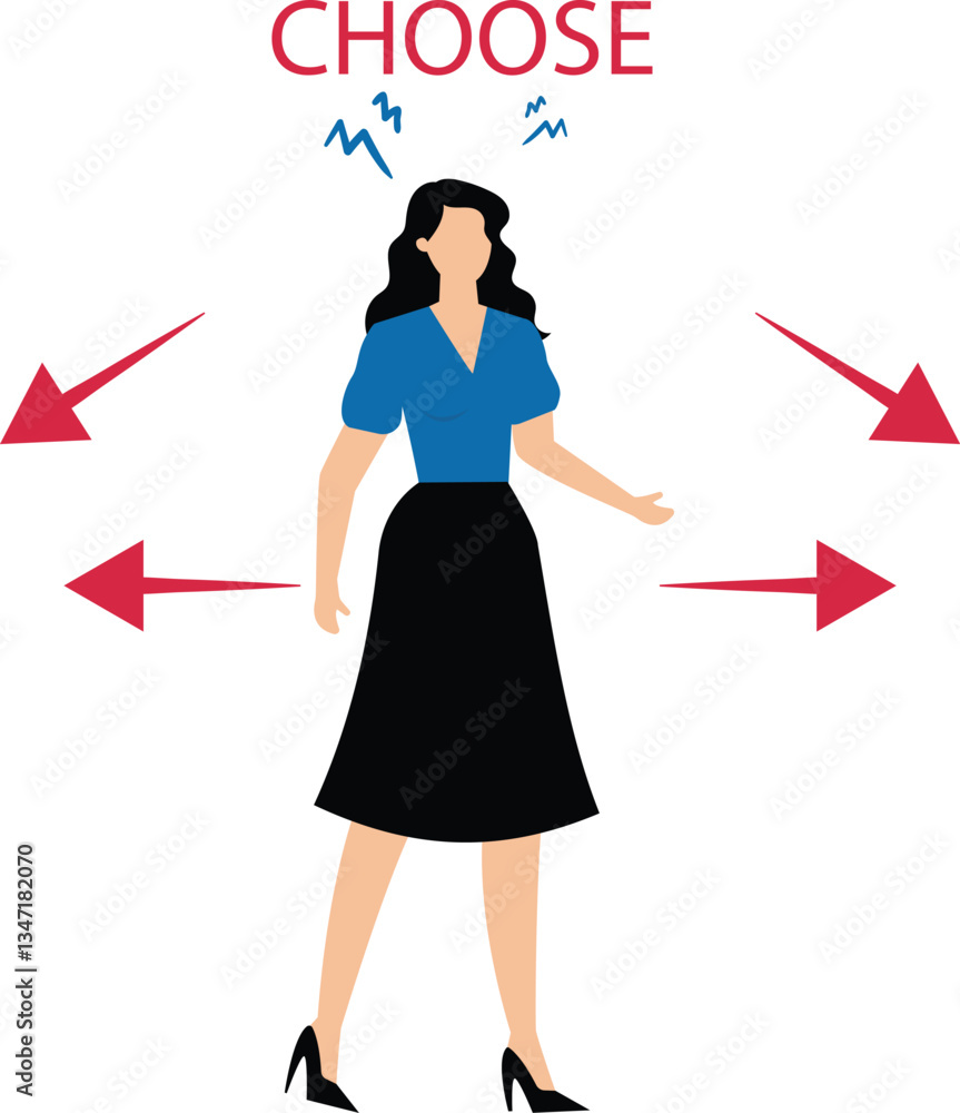 Confused businesswoman choosing directions Confused businesswoman choosing directions