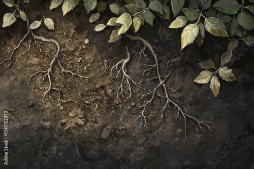 Exposed tree roots intertwine in dark earth, with a few green leaves overhead.