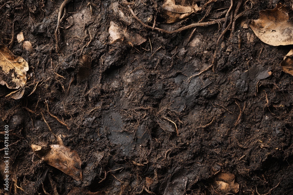 Dark, wet soil texture with intertwined roots and decaying leaves. Dark, wet soil texture with intertwined roots and decaying leaves.