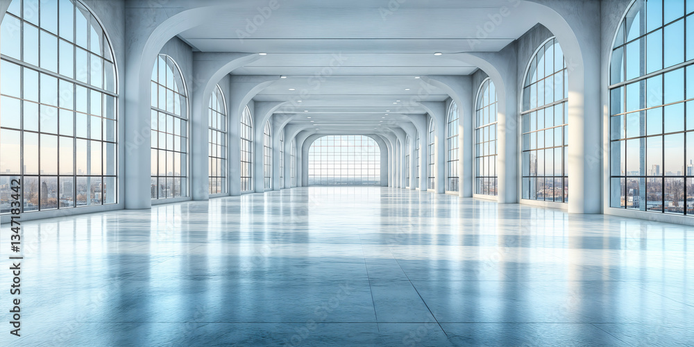 Spacious Modern Exhibition Hall with Large Windows and White Concrete Pillars in Bright Daylight 3D Rendering Spacious Modern Exhibition Hall with Large Windows and White Concrete Pillars in Bright Daylight 3D Rendering