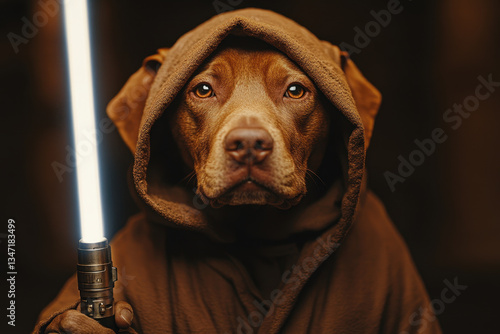 Dog dressed as a Jedi.