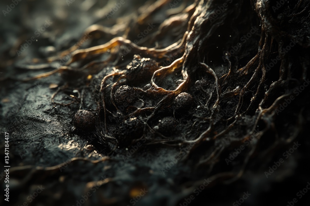Fototapeta premium Close-up of dark, intricate roots and nodules, possibly seaweed or plant matter, lit by sunlight.