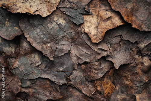 A close-up shot reveals a textured tapestry of decaying, overlapping leaves in rich, earthy tones.