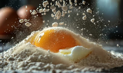 Close-up of a fresh egg yolk breaking on a mound of flour, with eggs in the background