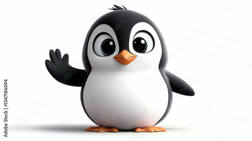 Fototapeta premium Cute Cartoon Penguin Waving on White Background
