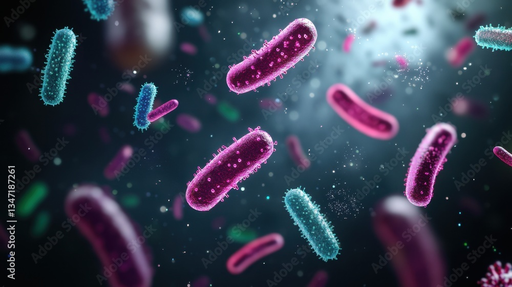 Microscopic view of colorful rod-shaped bacteria floating in a liquid medium, science and microbiology concept.