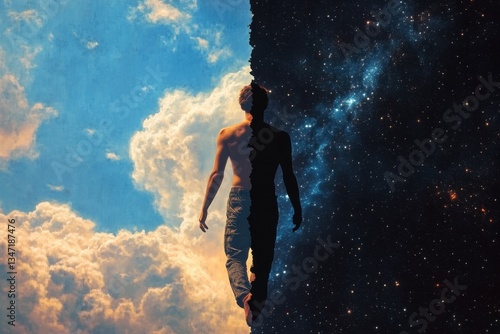 Surreal image of a man walking between day and night, half in clouds and half in starry sky, representing duality and balance, dreamlike atmosphere, contrast concept