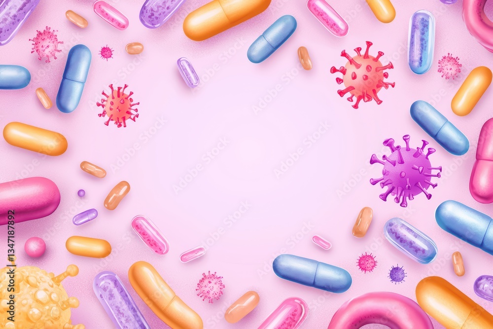 Vibrant Concept of Microbial Diversity with Colorful Capsules and Bacteria on Peaceful Background Vibrant Concept of Microbial Diversity with Colorful Capsules and Bacteria on Peaceful Background
