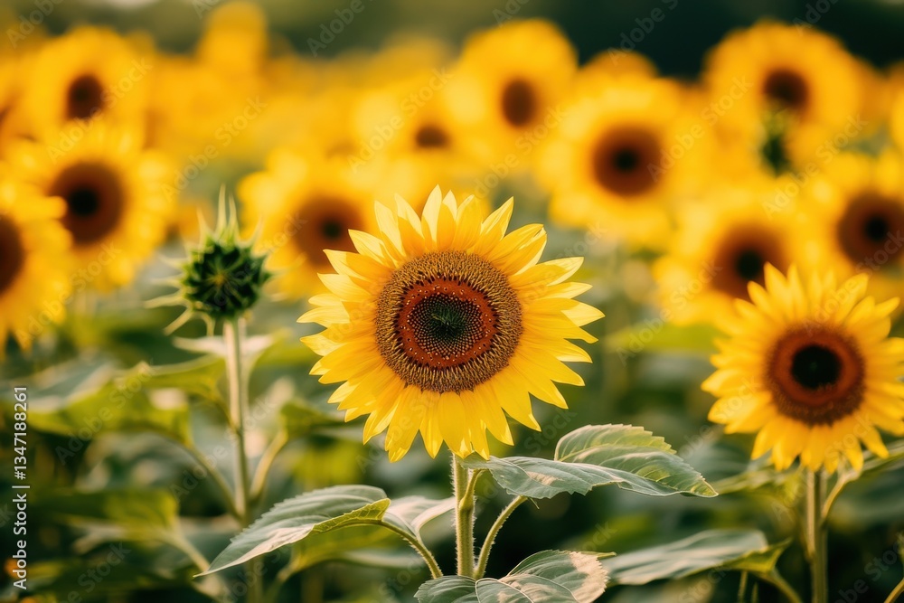 Fototapeta premium Field of sunflowers in full bloom joy and positivity on a white background
