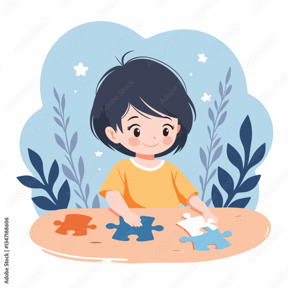 Puzzle activity with a child, focused and happy, in a pastel environment, creativity Puzzle activity with a child, focused and happy, in a pastel environment, creativity