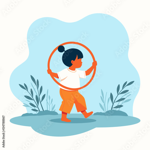 Child playing joyfully with a hula hoop, vibrant outdoor fun