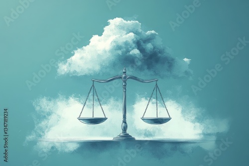Surreal balance scale floating in sky with clouds, symbolizing justice and equality, ethereal atmosphere, conceptual art, International Day of Justice, justice concept
