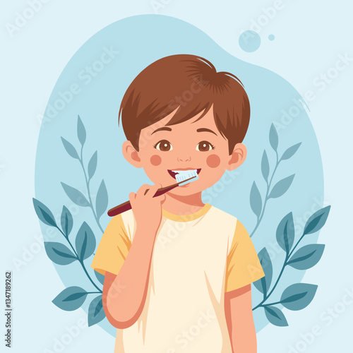 Dental hygiene awareness. Child happily brushing teeth with a smile, promoting health