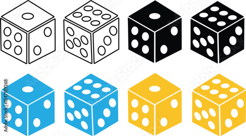 Dice six side face icon set. Playing cubes rolling dice vector isolated on transparent background. Six-sided dice, die for casino gambling line art icon for apps and websites. Vector illustration.