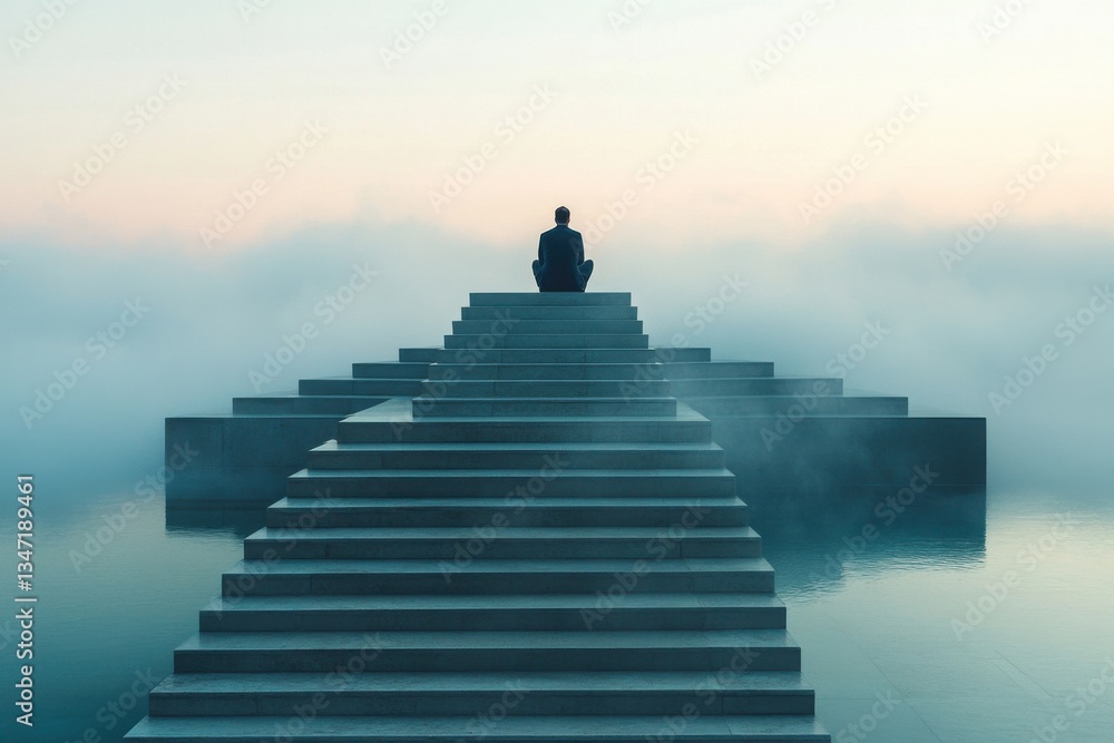 Fototapeta premium Solitary figure on misty staircase over water at dawn, serene and contemplative atmosphere, introspection and tranquility concept