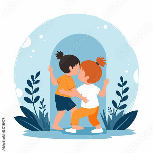 Kids playing hide and seek, expressing joy in a colorful environment, friendship