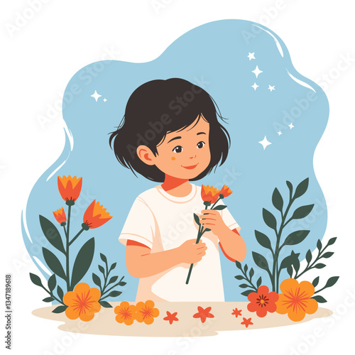 Flowers arrangement by a cheerful child holding blooms, a creative moment