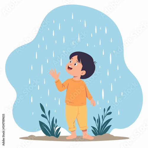 Child catching raindrops, joyful expression in a playful setting, innocence