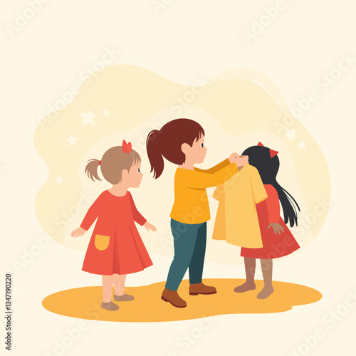 Children's dress-up fun. Three kids joyfully sharing costumes, a playful atmosphere