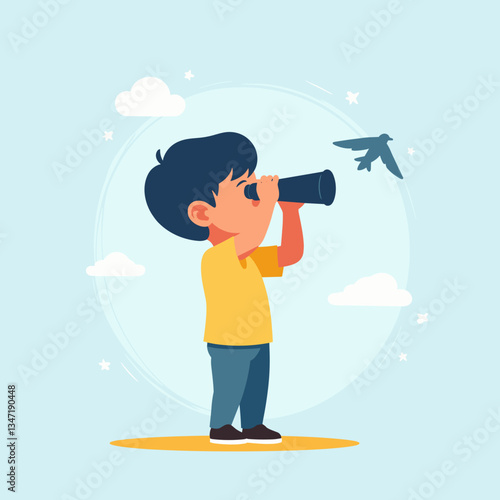 Little boy observing birds with binoculars in a cheerful landscape, exploration