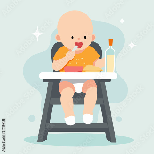 Infant enjoying mealtime with joyful exploration in high chair, fun times