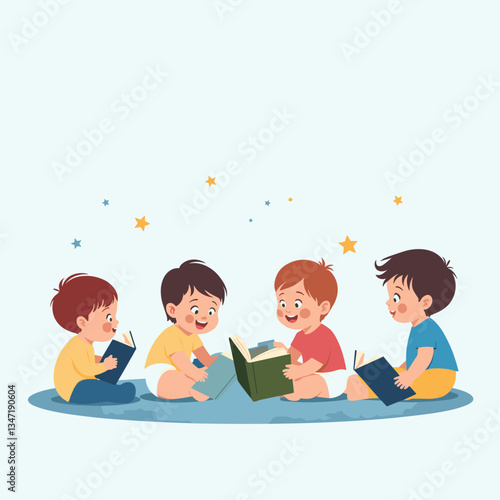 Children's storytime joyfully engaging in books on a cozy floor, imagination