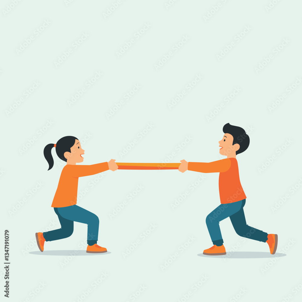 Kids playing tug of war, joyfully engaging in a friendly competition, minimalist illustration Kids playing tug of war, joyfully engaging in a friendly competition, minimalist illustration