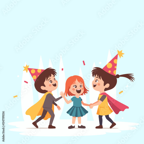 Fun costume party with kids playing joyfully, a celebration of imagination