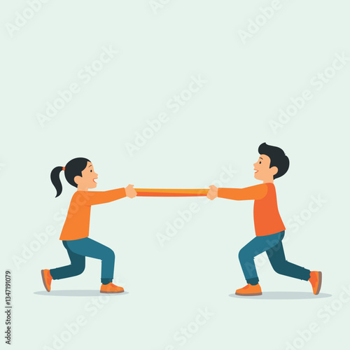 Kids playing tug of war, joyfully engaging in a friendly competition, minimalist illustration
