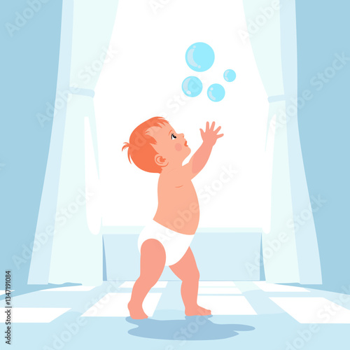 Infant reaching for bubbles in sunlit room, a moment of joy