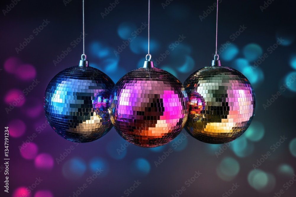 Fototapeta premium Shiny disco balls with colorful reflections party decoration