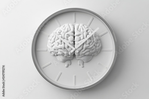 Creative clock design with brain motif, minimalist style, concept of time and intelligence, modern art piece, thought-provoking decor, Brain Awareness Week, time and mind
