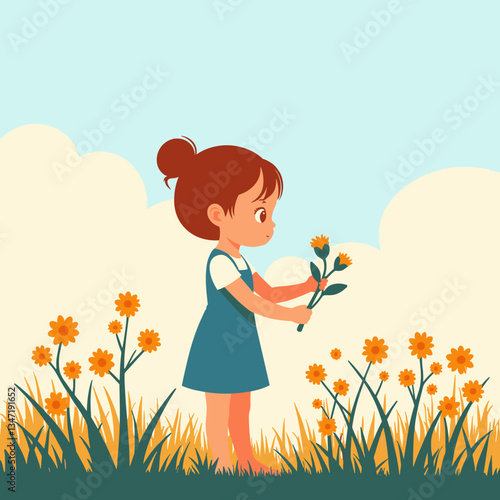 Little girl joyfully picking flowers in a sunny field, childhood delight