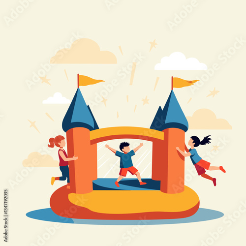 Kids playing in a bouncy castle, enjoying lively fun under a pastel sky, happiness