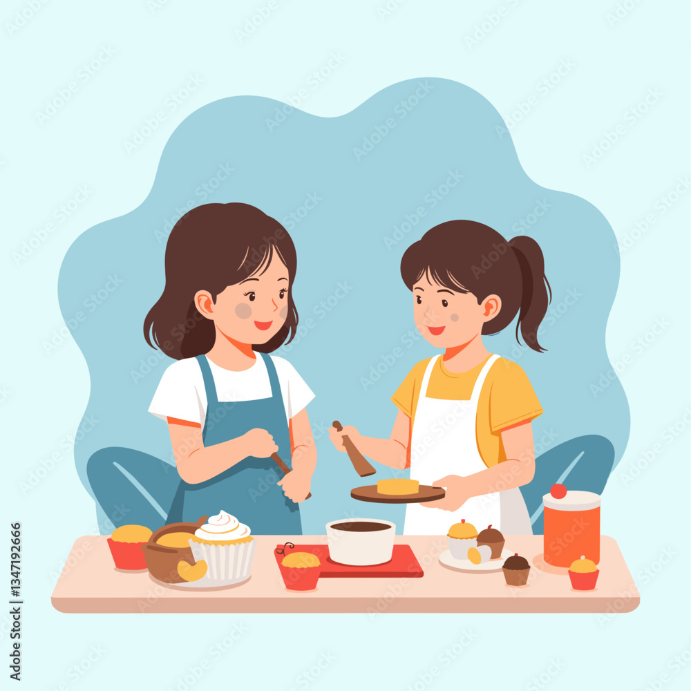 Baking cupcakes. Two cheerful girls enjoying in the kitchen, a creative moment Baking cupcakes. Two cheerful girls enjoying in the kitchen, a creative moment