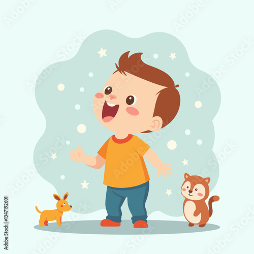Child's joyful imagination with pets playing happily, whimsical illustration