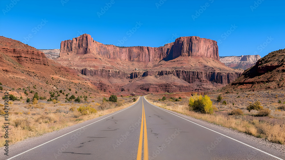 Empty Highway Through Red Rock Desert Mountains Empty Highway Through Red Rock Desert Mountains