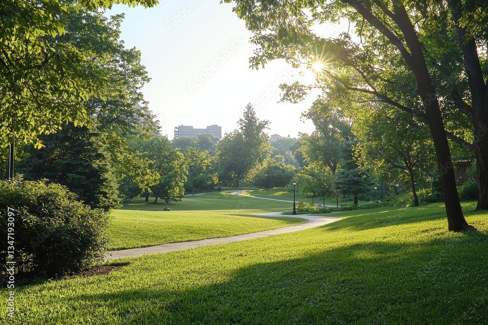 Fototapeta premium Curving asphalt walkway passing through lush green landscape, sunlight streaming between branches on peaceful morning