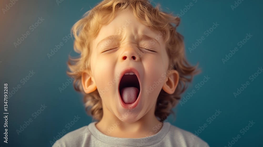 Young boy is sleeping with his mouth open. Concept of innocence and vulnerability, as the child is in a vulnerable state while sleeping. The blue background adds a calming Young boy is sleeping with his mouth open. Concept of innocence and vulnerability, as the child is in a vulnerable state while sleeping. The blue background adds a calming