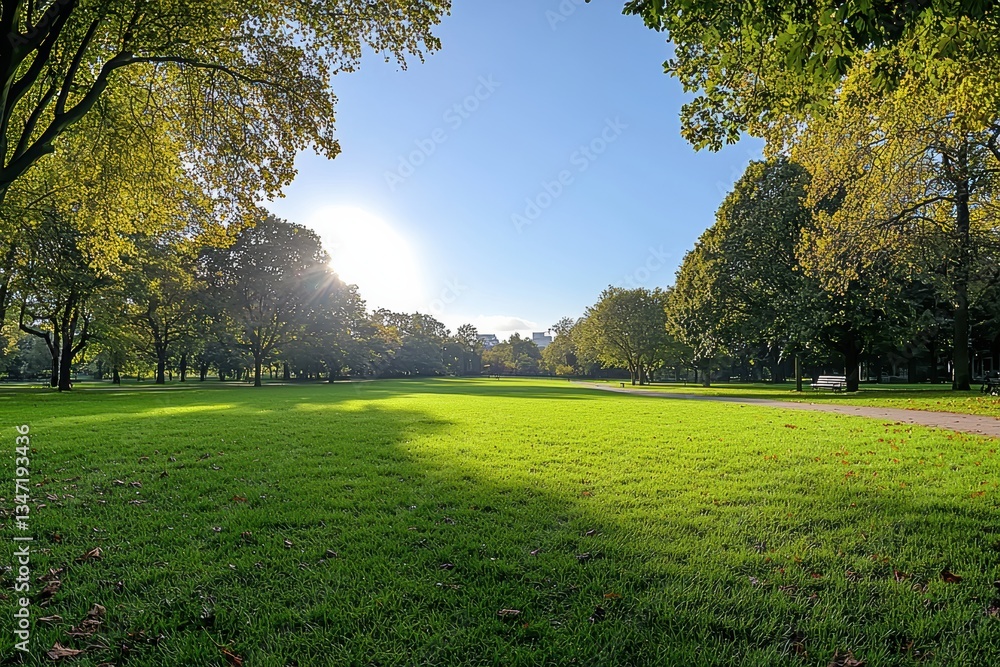 Fototapeta premium Verdant grass spanning urban parkland, sunlit trees scattering shadows across lush landscape during bright afternoon moment