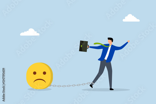 Stressed burden, depressed businessman chain with sad face burden.