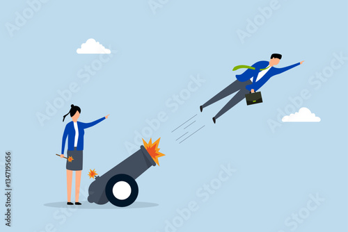 Coaching help boost career advancement, woman ignite cannon to launch businessman.