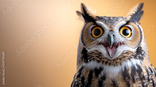 Wallpaper Mural Large owl with yellow eyes and a mouth open is staring at the camera. The owl's eyes are wide open, and it is looking directly at the viewer. The image has a playful and curious mood Torontodigital.ca