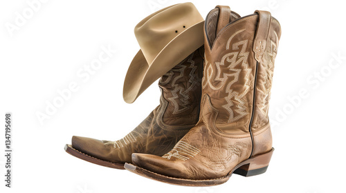 Neutral colored cowboy boots and hat isolated on transparent background, detailed photo, png 