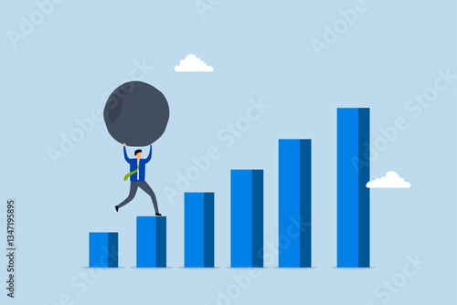 Difficult task, Weary entrepreneur lifts large stone to ascend toward achievement. 